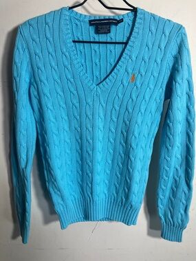 Ralph Lauren Sport Cable Knit Sweater Women's Blue Pullover V Neck Sz M